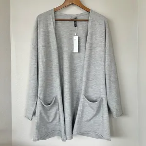 EILEEN FISHER NWT L Fine Merino Wool Jersey Open Front Cardigan in Dark Pearl
