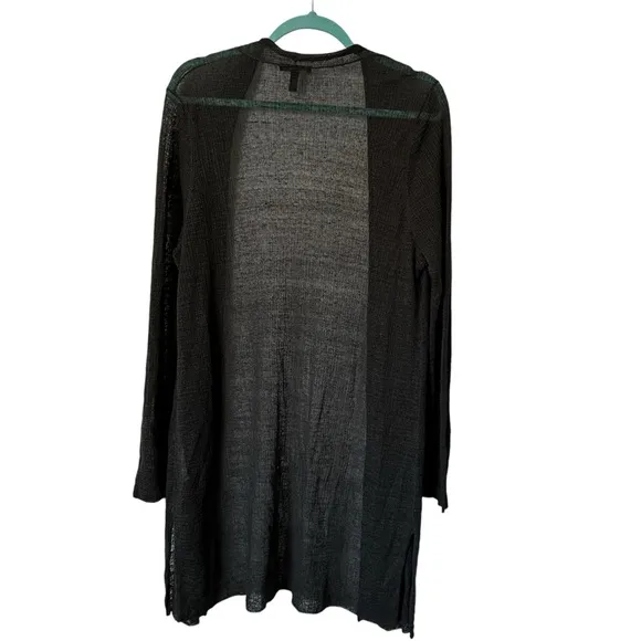 Eileen Fisher Semi Sheer Long Sleeve Open Cardigan Sweater Hemp Blend Black