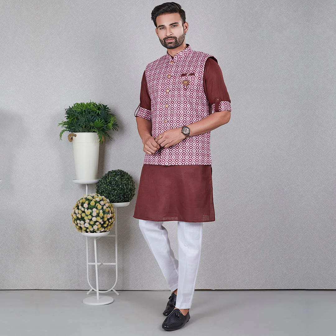 Elegance Maroon Kurta with Bandi Jacket Set