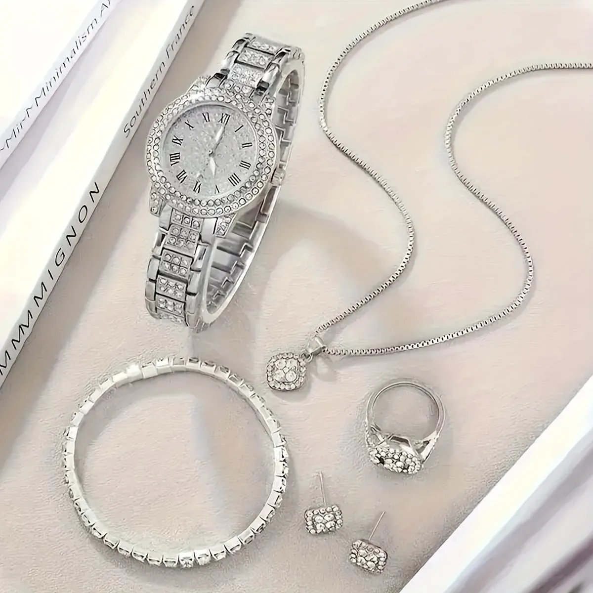 Elegant Rhinestone Jewelry Set with Quartz Roman Numeral Watch