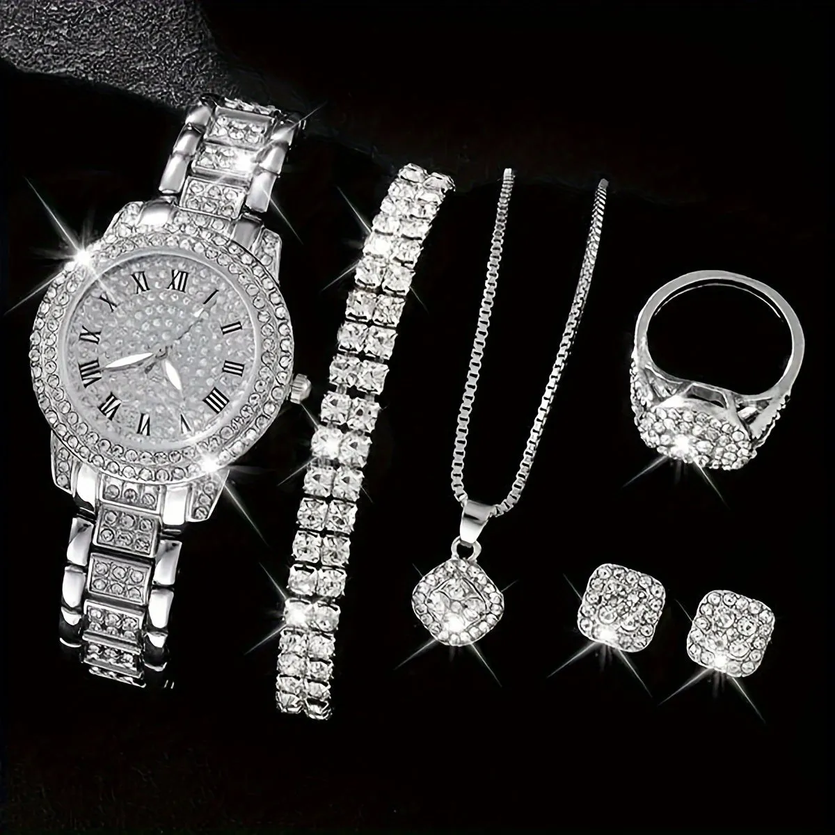Elegant Rhinestone Jewelry Set with Quartz Roman Numeral Watch
