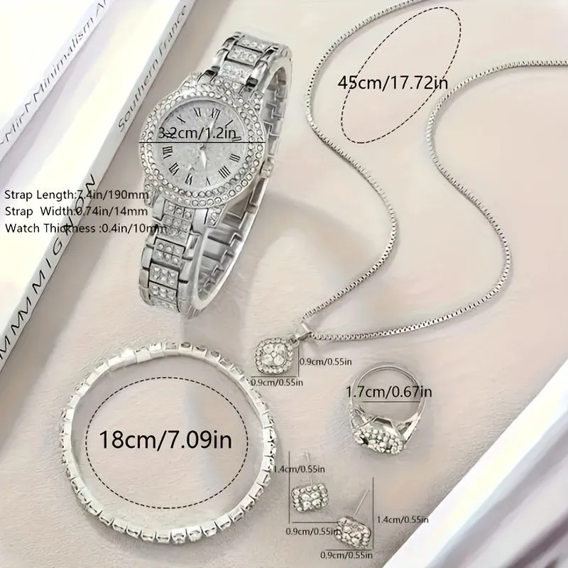 Elegant Rhinestone Jewelry Set with Quartz Roman Numeral Watch