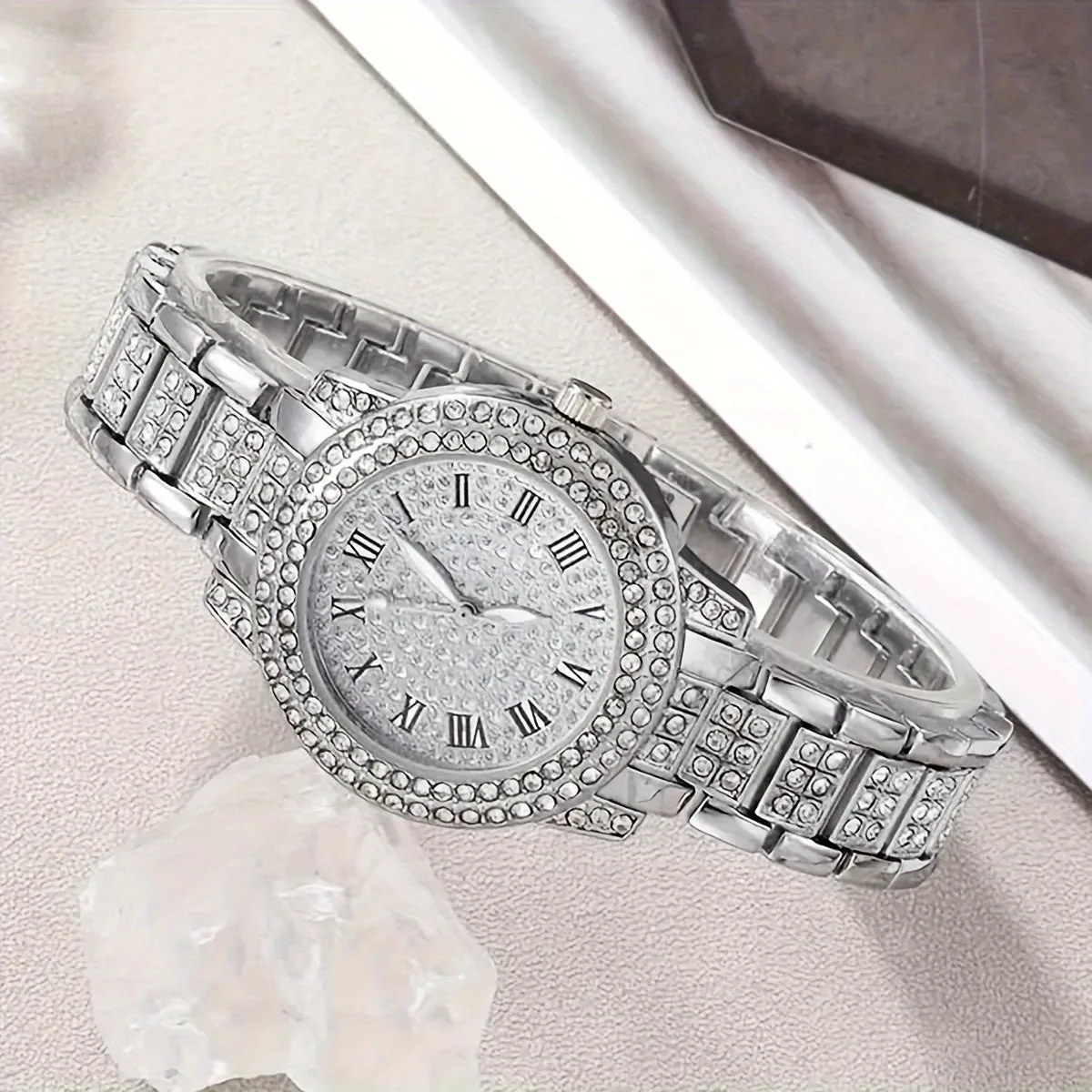 Elegant Rhinestone Jewelry Set with Quartz Roman Numeral Watch