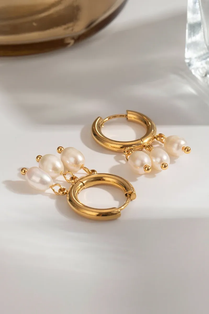 Elegant Stainless Steel Earrings Three White Freshwater Pearls