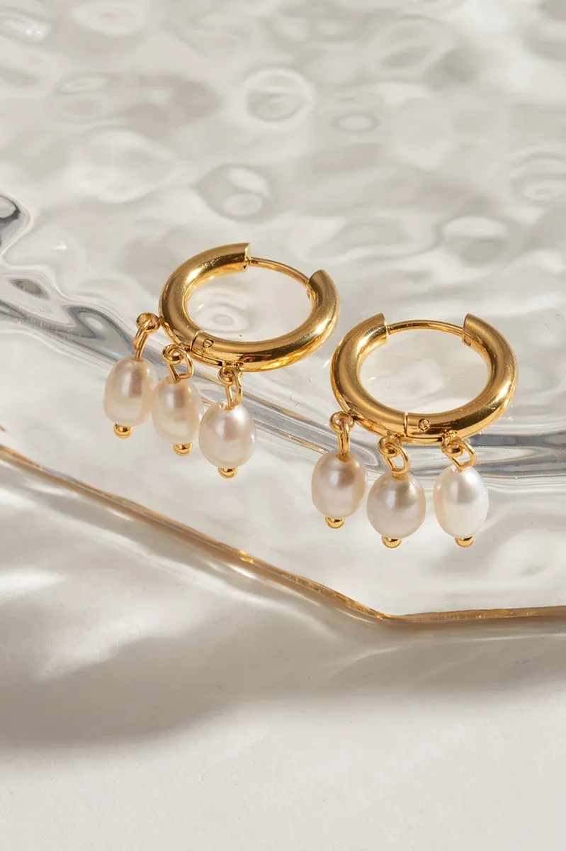 Elegant Stainless Steel Earrings Three White Freshwater Pearls
