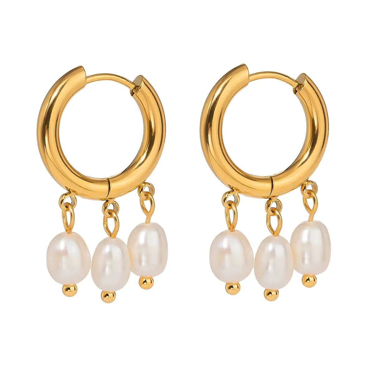 Elegant Stainless Steel Earrings Three White Freshwater Pearls