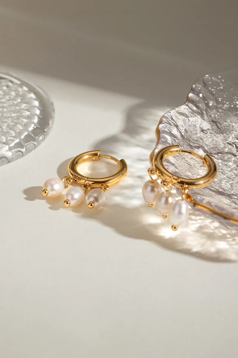 Elegant Stainless Steel Earrings Three White Freshwater Pearls