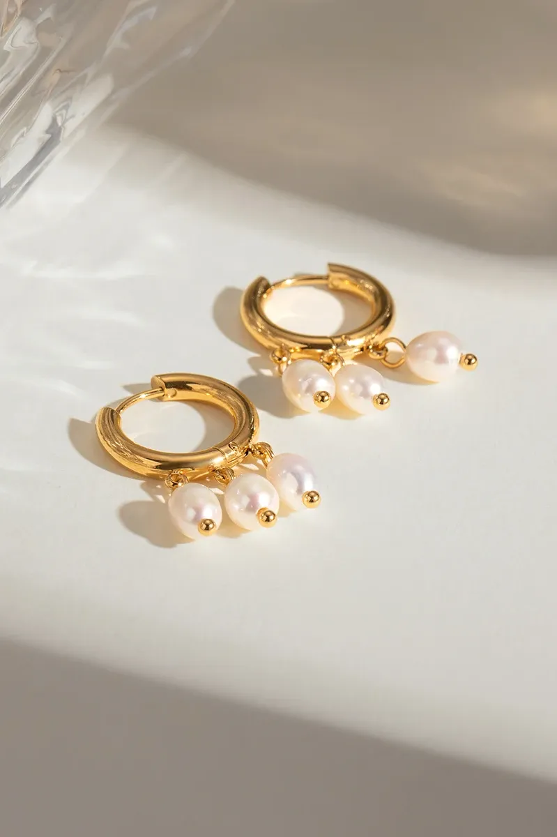 Elegant Stainless Steel Earrings Three White Freshwater Pearls