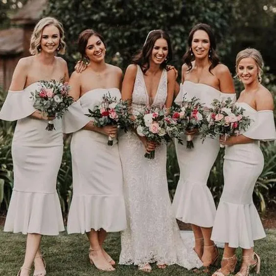Elegant Tea-Length Mermaid Off the Shoulder Bridesmaid Dress