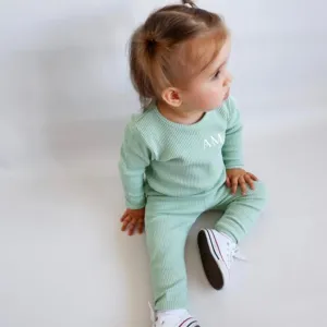 Embroidered Ribbed Mint Lounge Set