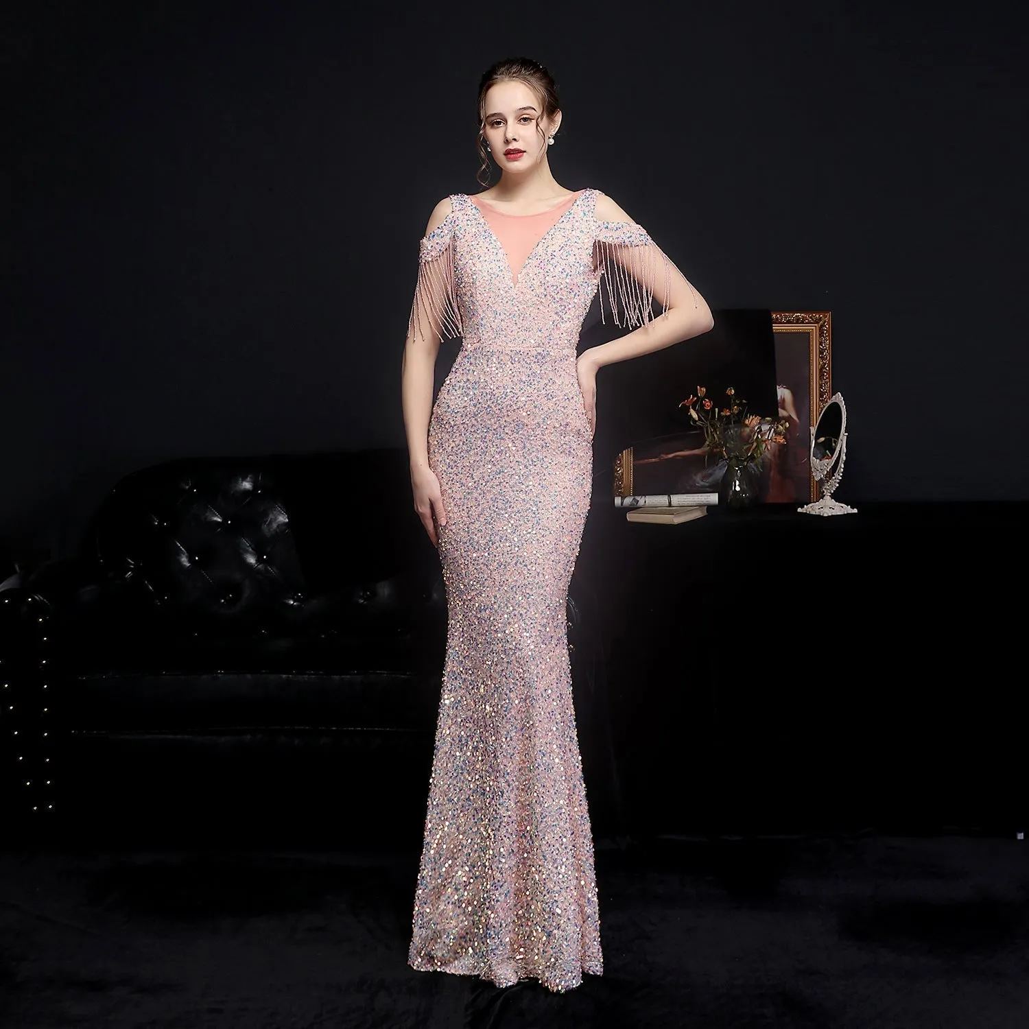 Emery sequined Stylish fringed fishtail dress