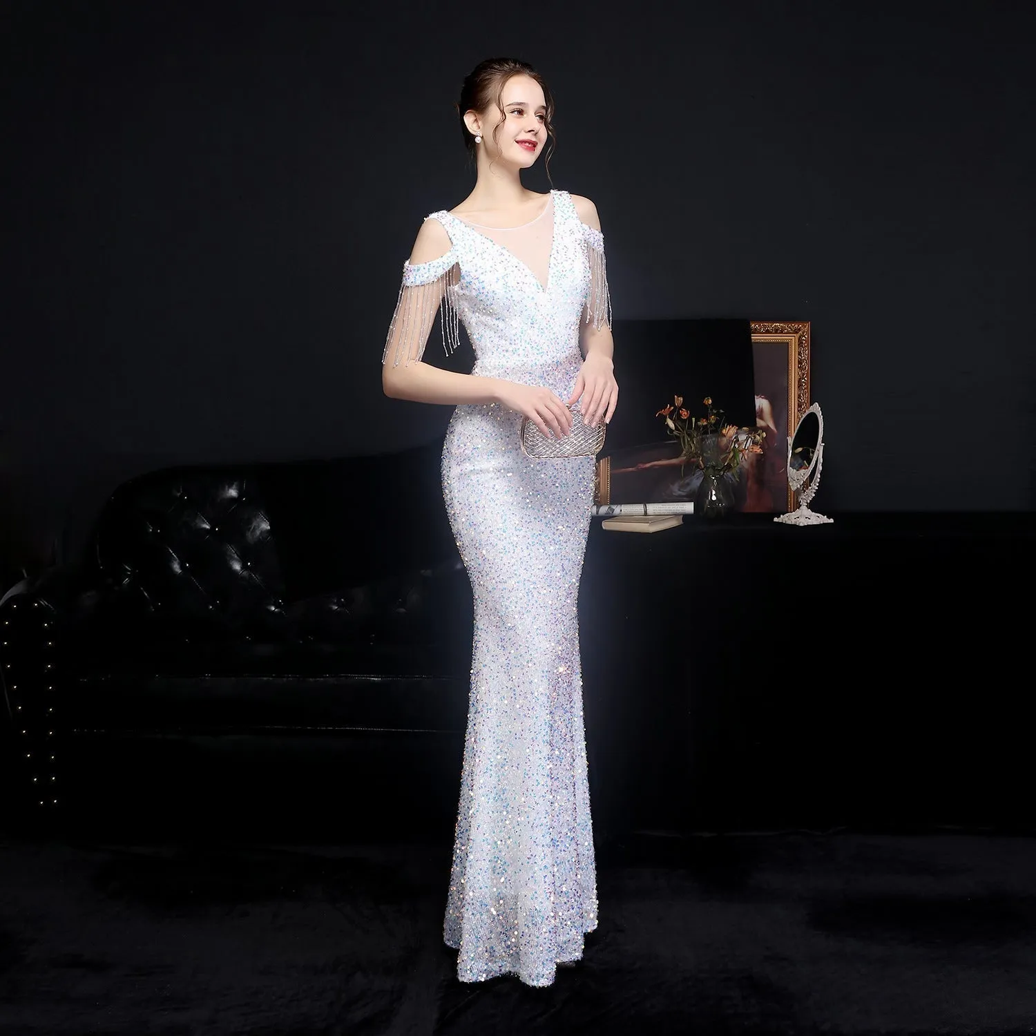 Emery sequined Stylish fringed fishtail dress