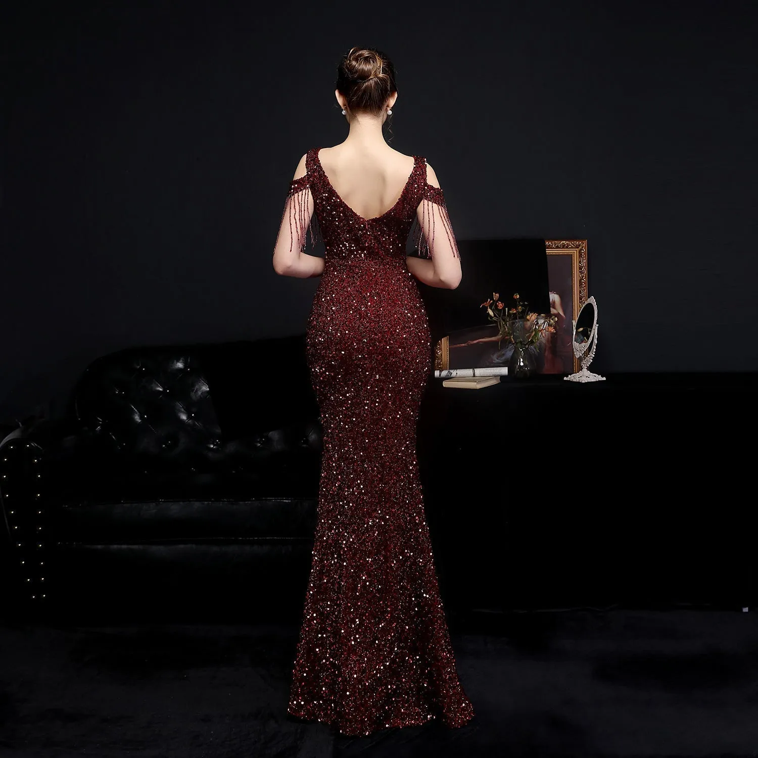 Emery sequined Stylish fringed fishtail dress