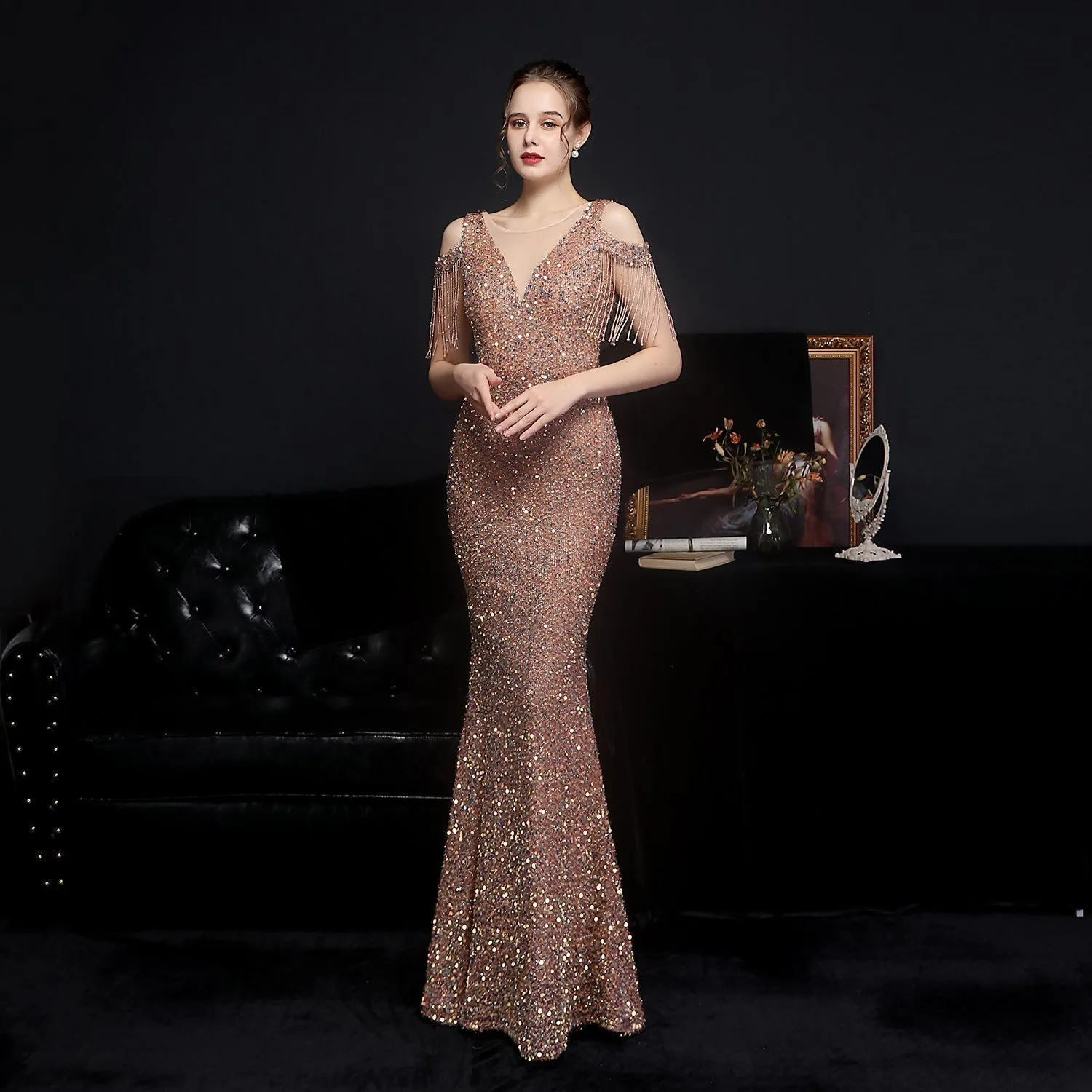 Emery sequined Stylish fringed fishtail dress