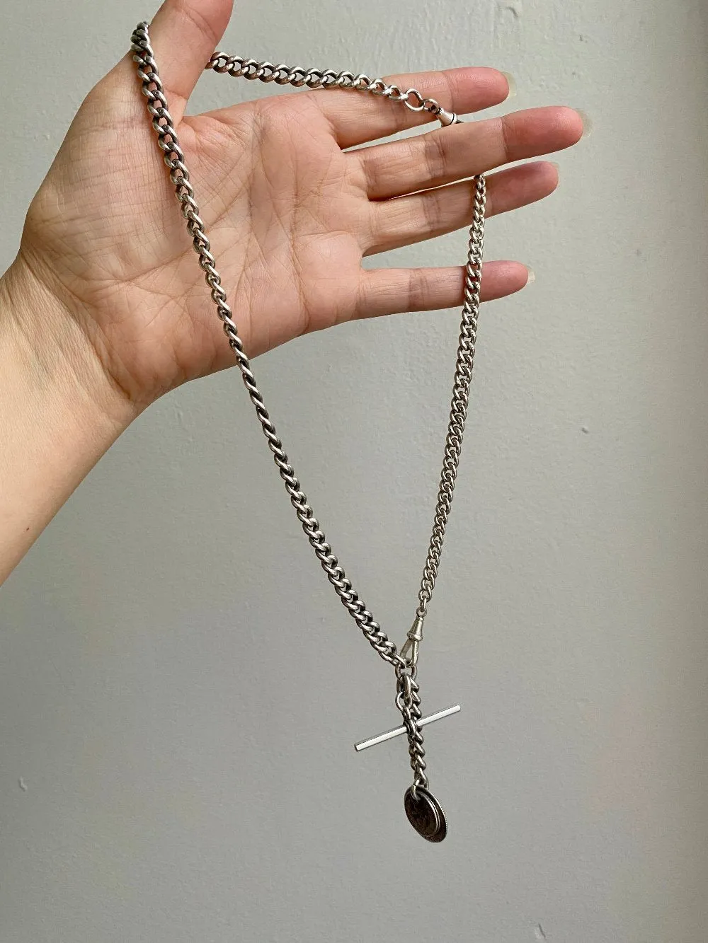 English Antique Sterling Silver Watch Chain with Antique UK Silver Coin Fobs and Extender - necklace length -  23 inch overall length