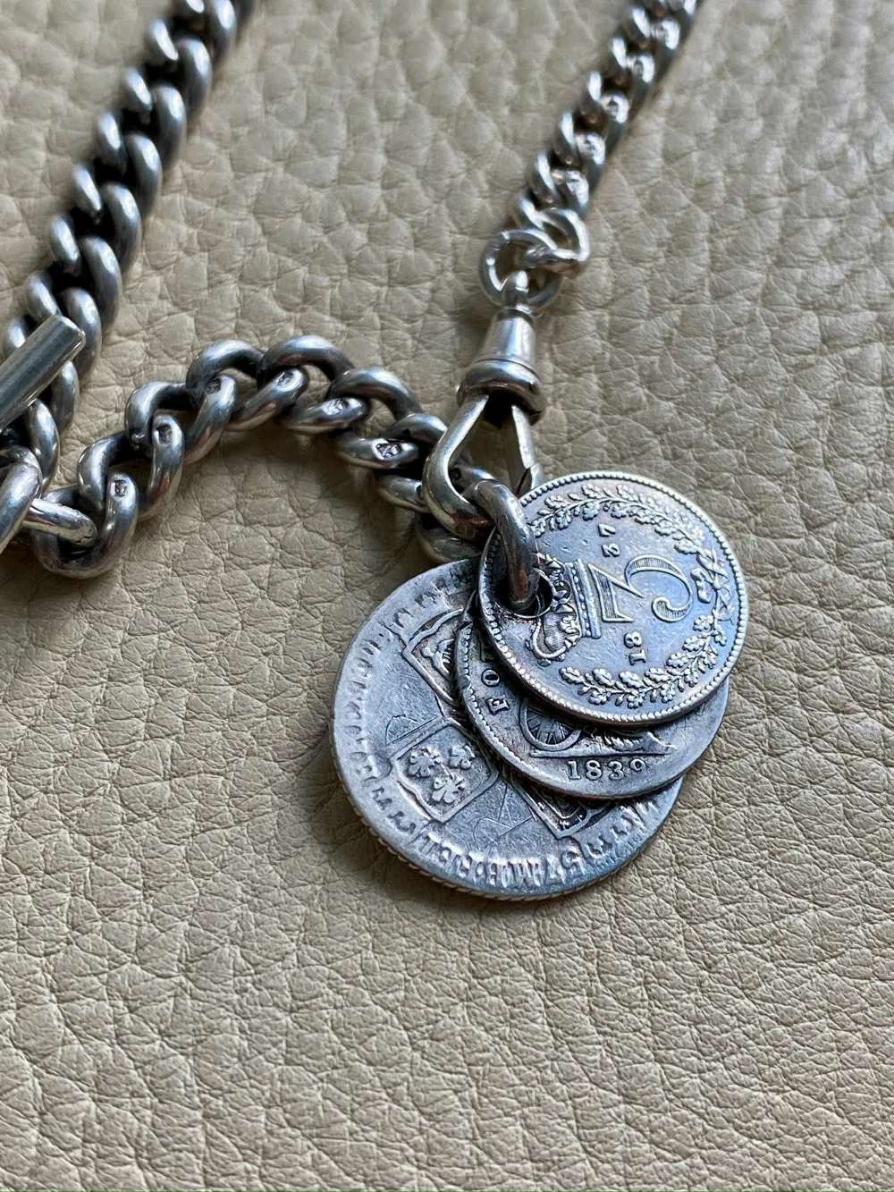 English Antique Sterling Silver Watch Chain with Antique UK Silver Coin Fobs and Extender - necklace length -  23 inch overall length