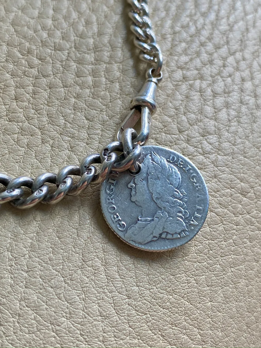 English Antique Sterling Silver Watch Chain with Antique UK Silver Coin Fobs and Extender - necklace length -  23 inch overall length