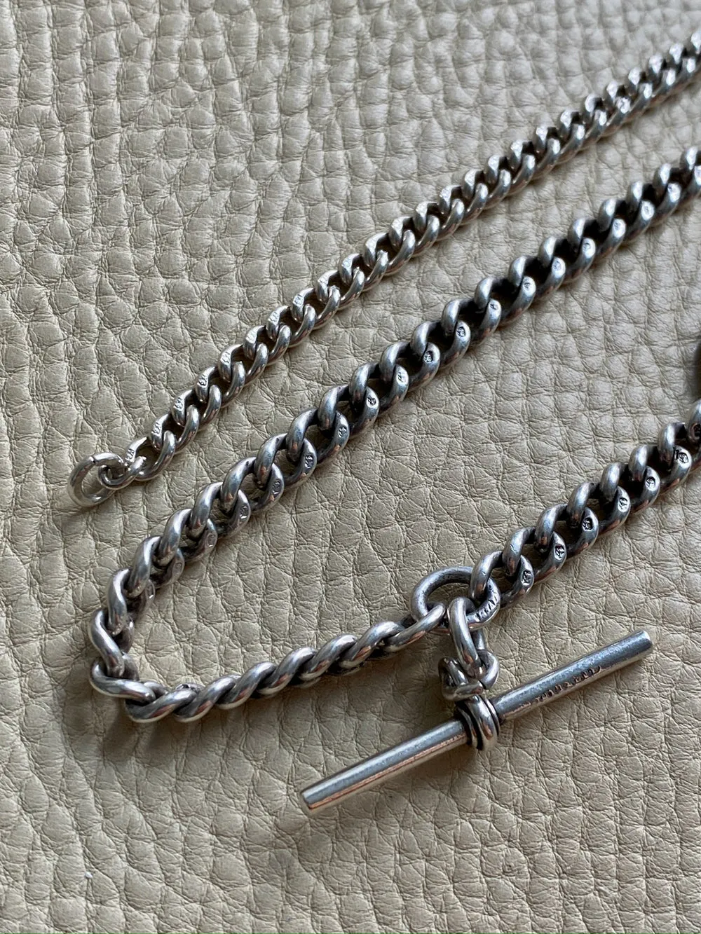 English Antique Sterling Silver Watch Chain with Antique UK Silver Coin Fobs and Extender - necklace length -  23 inch overall length