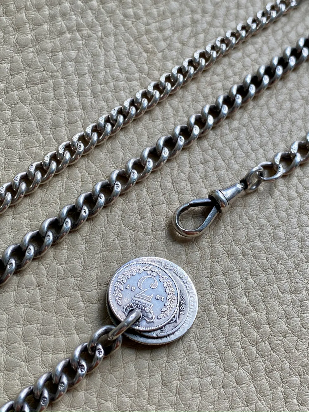English Antique Sterling Silver Watch Chain with Antique UK Silver Coin Fobs and Extender - necklace length -  23 inch overall length