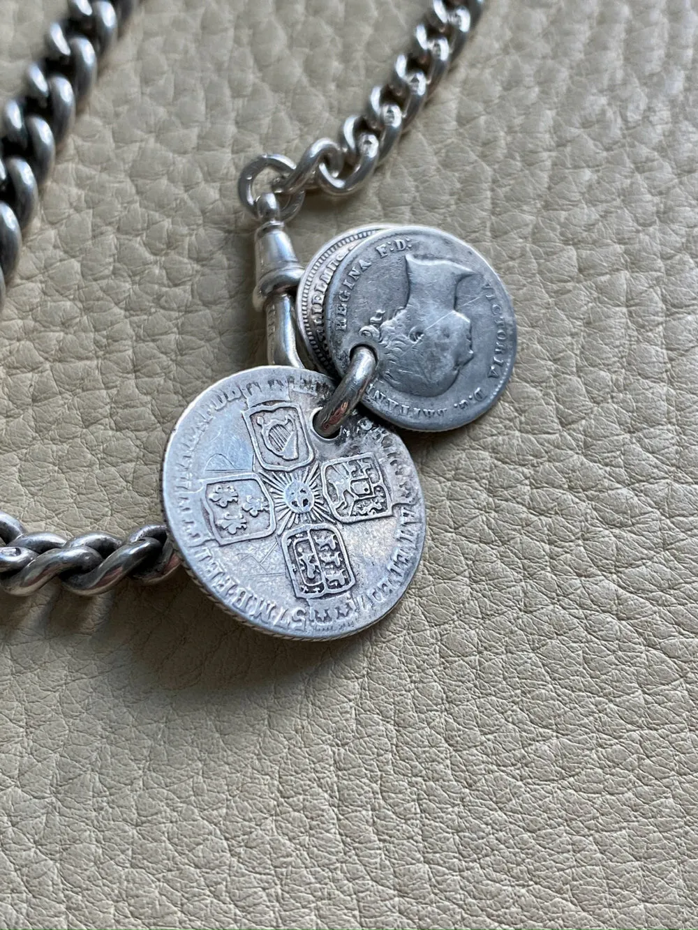 English Antique Sterling Silver Watch Chain with Antique UK Silver Coin Fobs and Extender - necklace length -  23 inch overall length