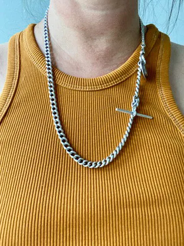English Antique Sterling Silver Watch Chain with Antique UK Silver Coin Fobs and Extender - necklace length -  23 inch overall length