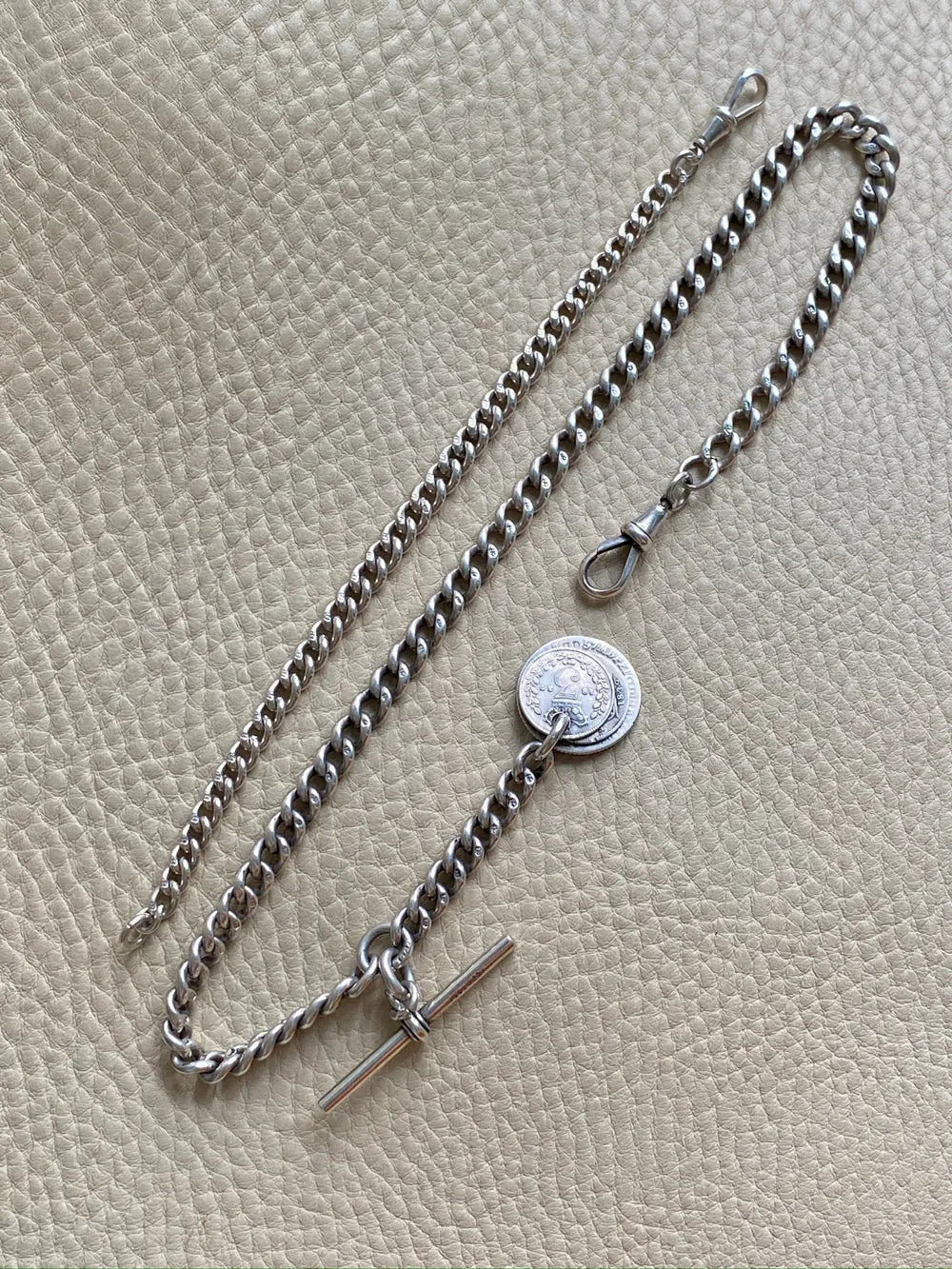 English Antique Sterling Silver Watch Chain with Antique UK Silver Coin Fobs and Extender - necklace length -  23 inch overall length
