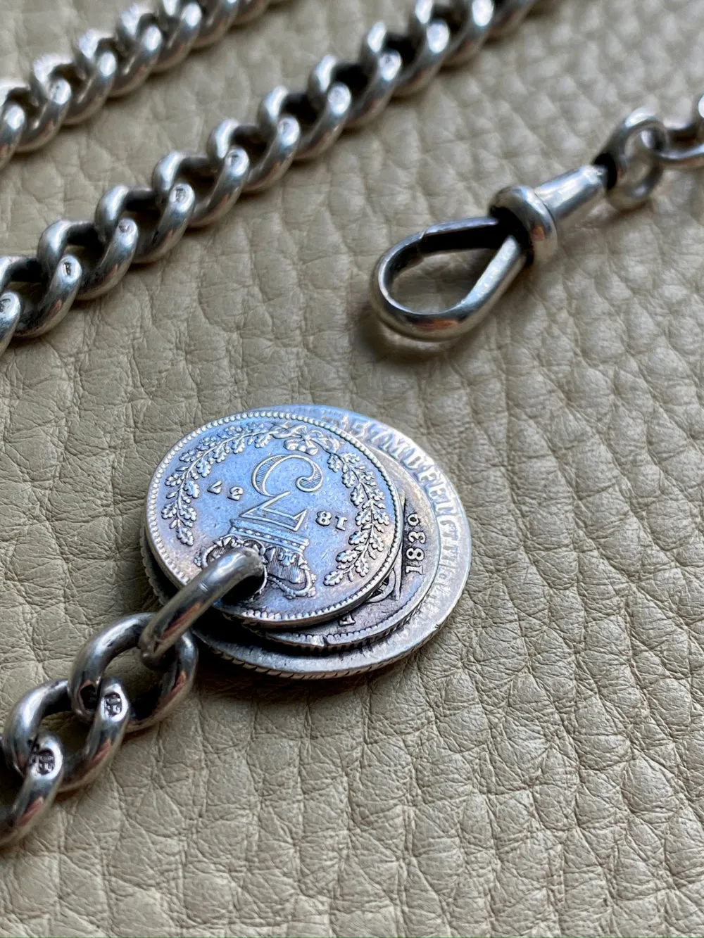 English Antique Sterling Silver Watch Chain with Antique UK Silver Coin Fobs and Extender - necklace length -  23 inch overall length