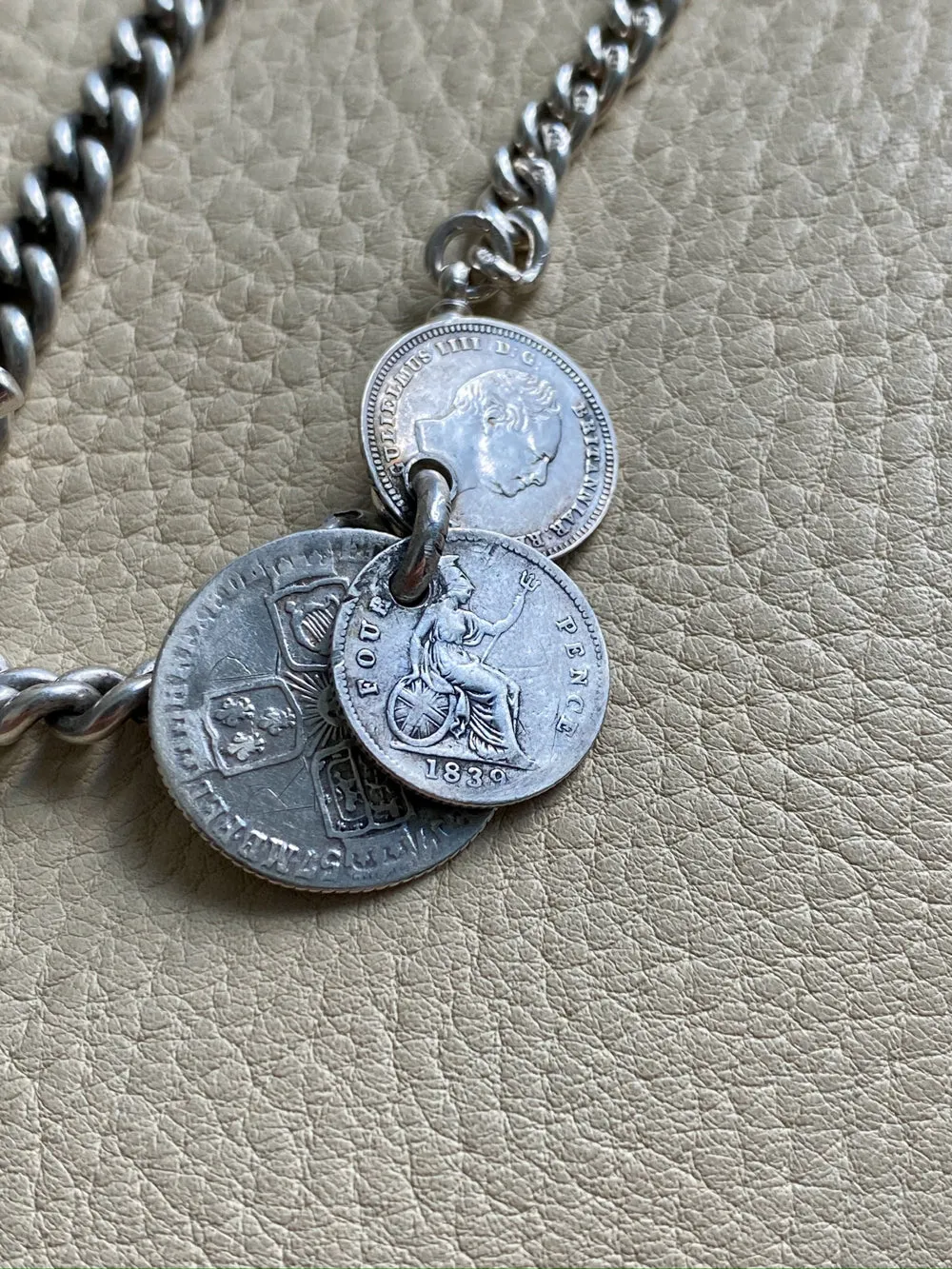 English Antique Sterling Silver Watch Chain with Antique UK Silver Coin Fobs and Extender - necklace length -  23 inch overall length