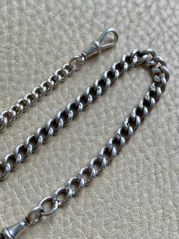 English Antique Sterling Silver Watch Chain with Antique UK Silver Coin Fobs and Extender - necklace length -  23 inch overall length