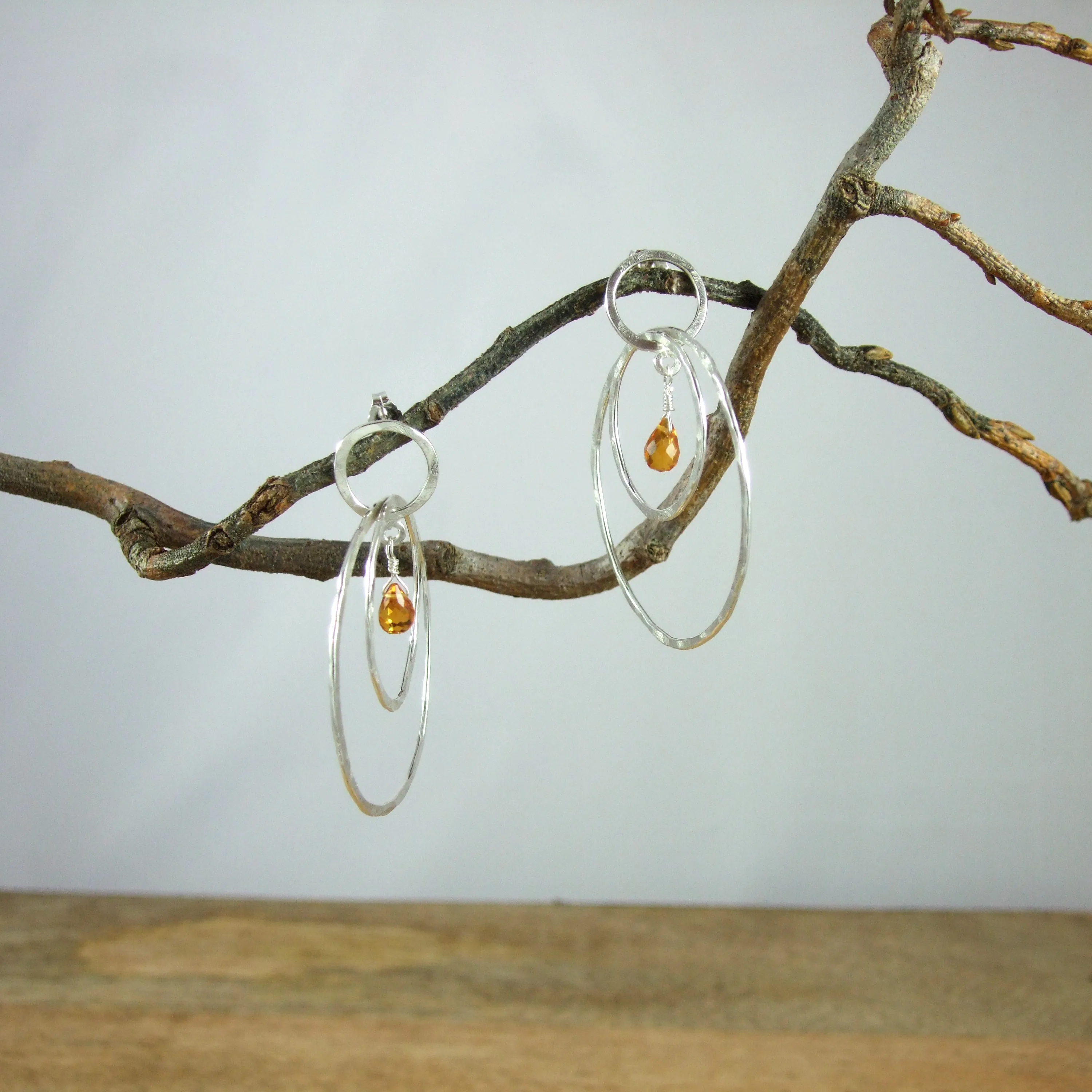 Entwined Large triple Circle Sterling Silver Earrings With Color Briolette Gemstones