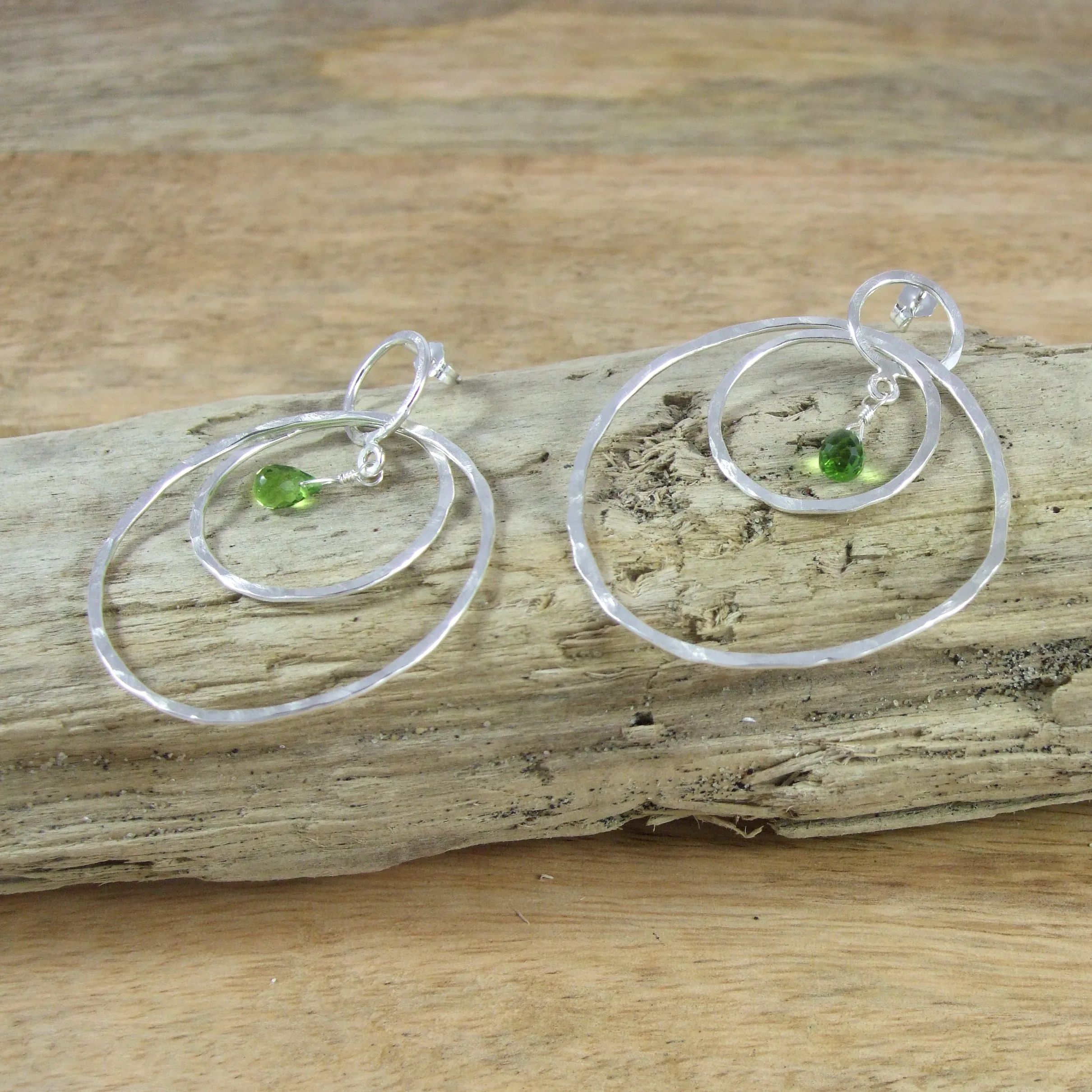 Entwined Large triple Circle Sterling Silver Earrings With Color Briolette Gemstones