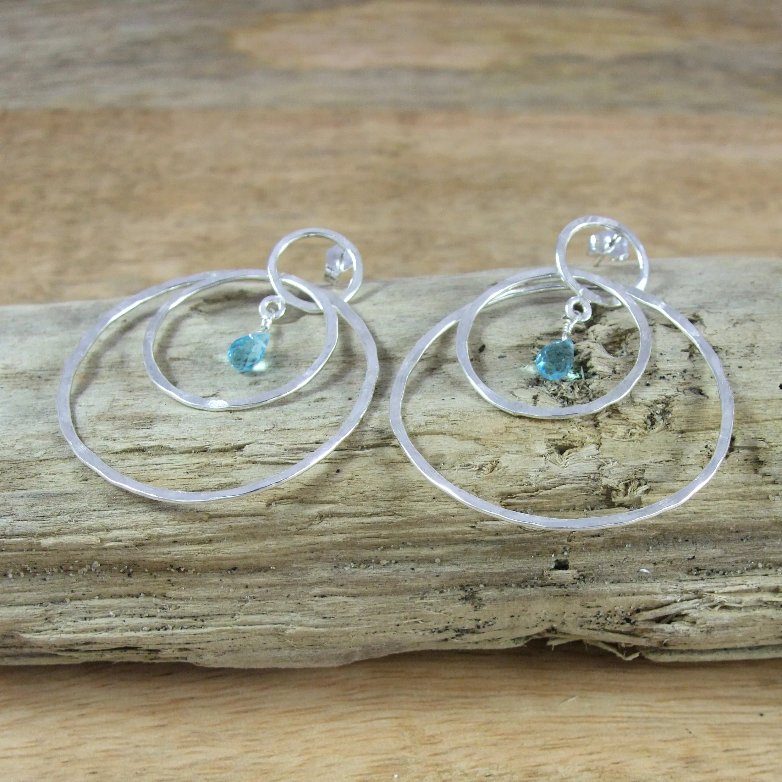Entwined Large triple Circle Sterling Silver Earrings With Color Briolette Gemstones