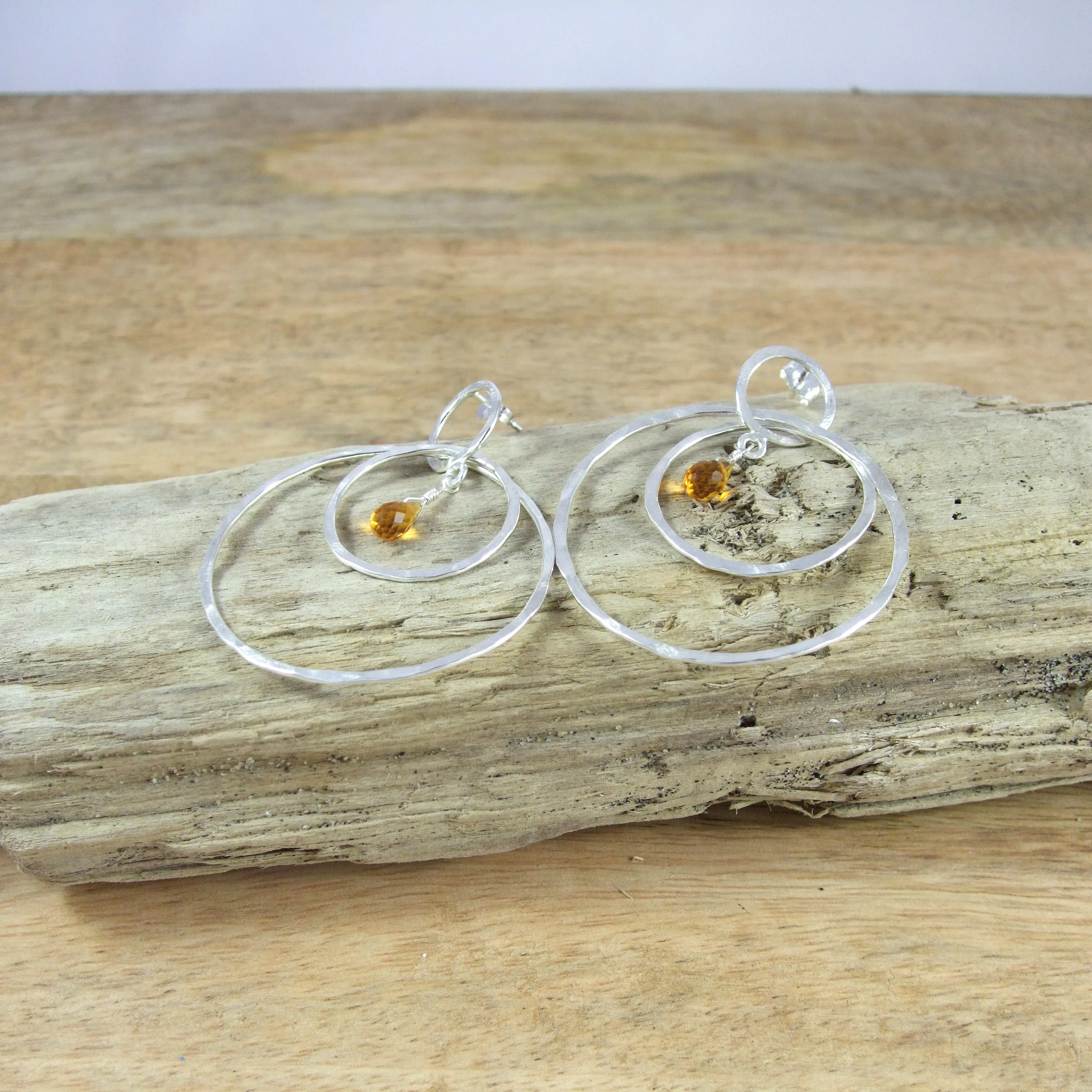 Entwined Large triple Circle Sterling Silver Earrings With Color Briolette Gemstones