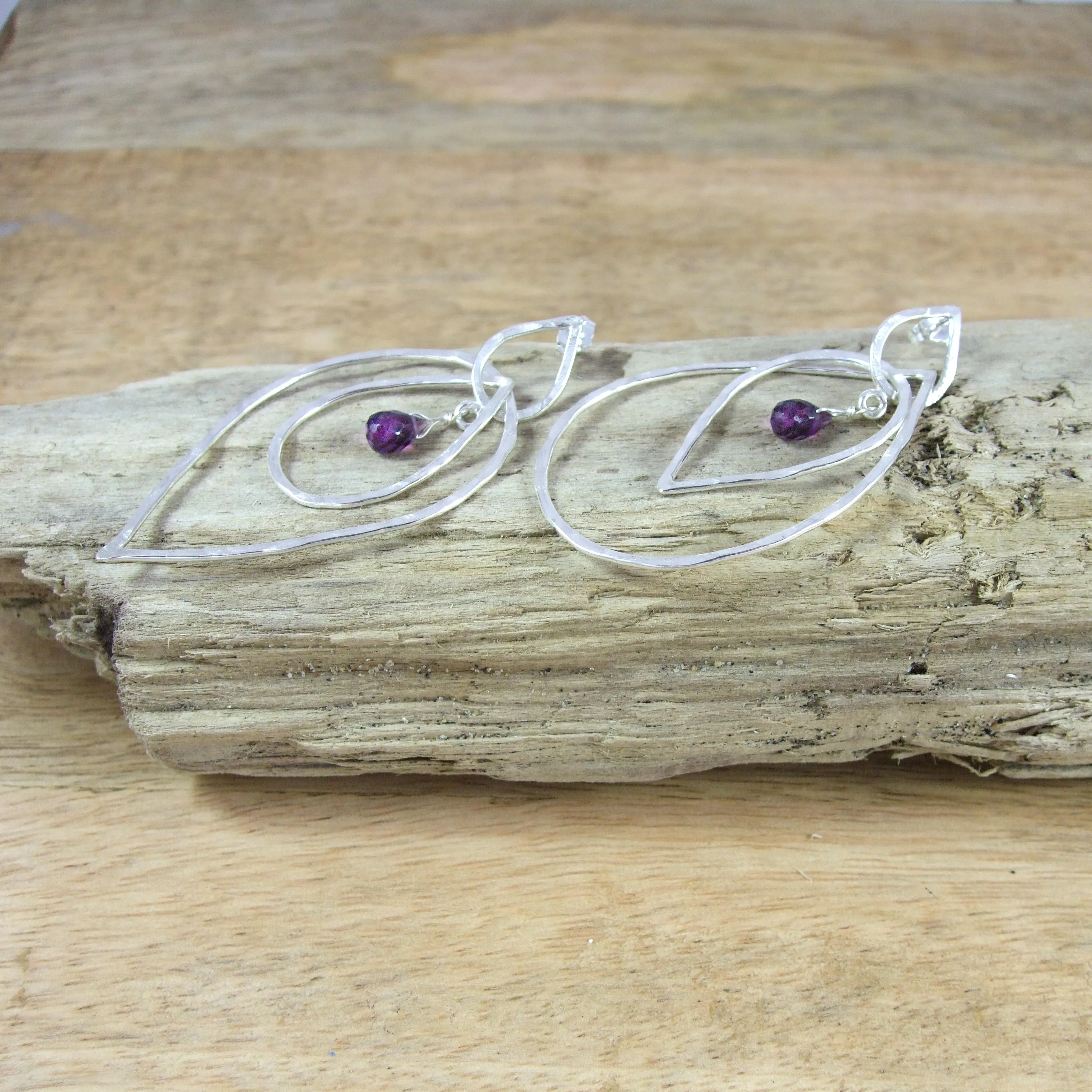 Entwined Large triple Teardrop Sterling Silver Earrings With Color Briolette Gemstones