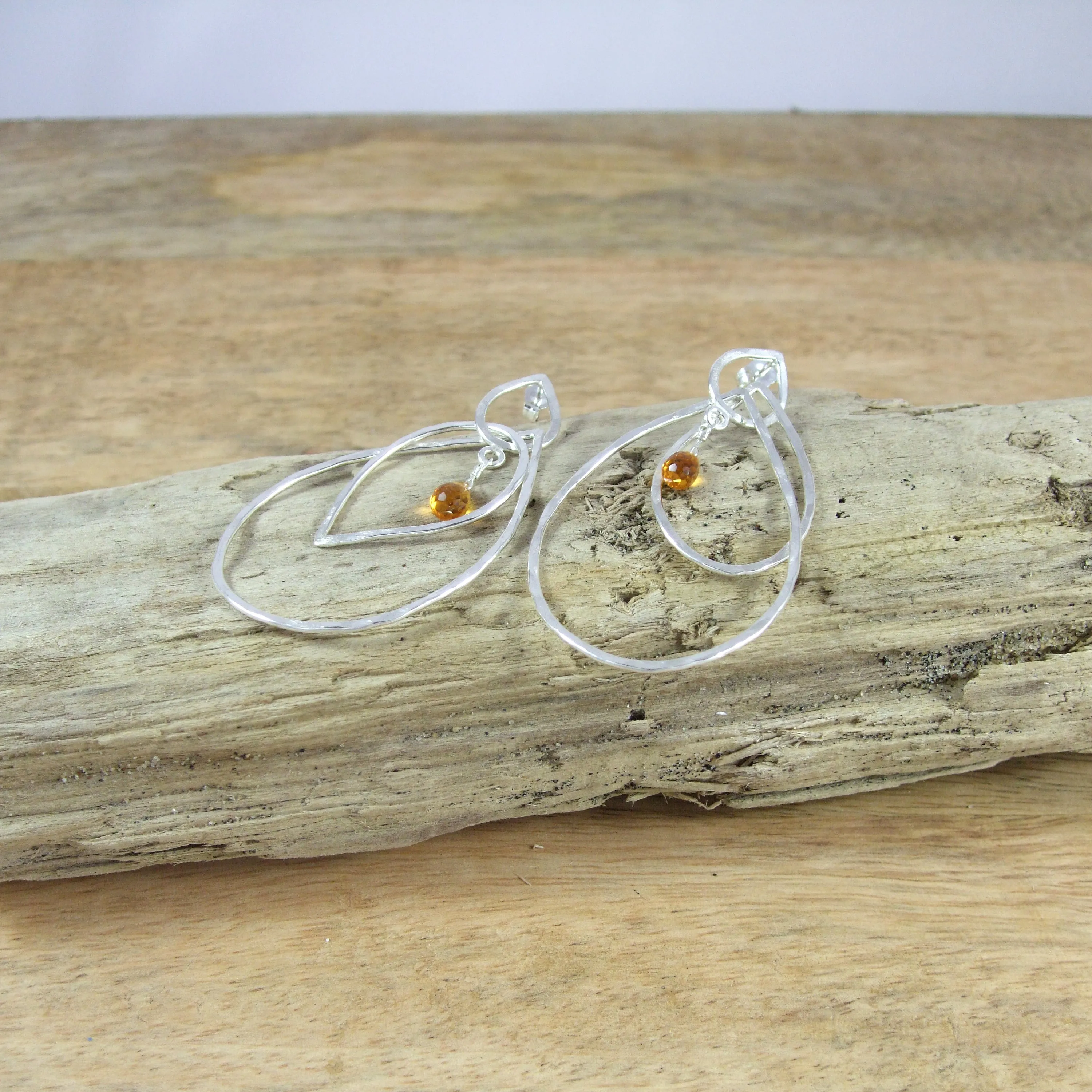 Entwined Large triple Teardrop Sterling Silver Earrings With Color Briolette Gemstones