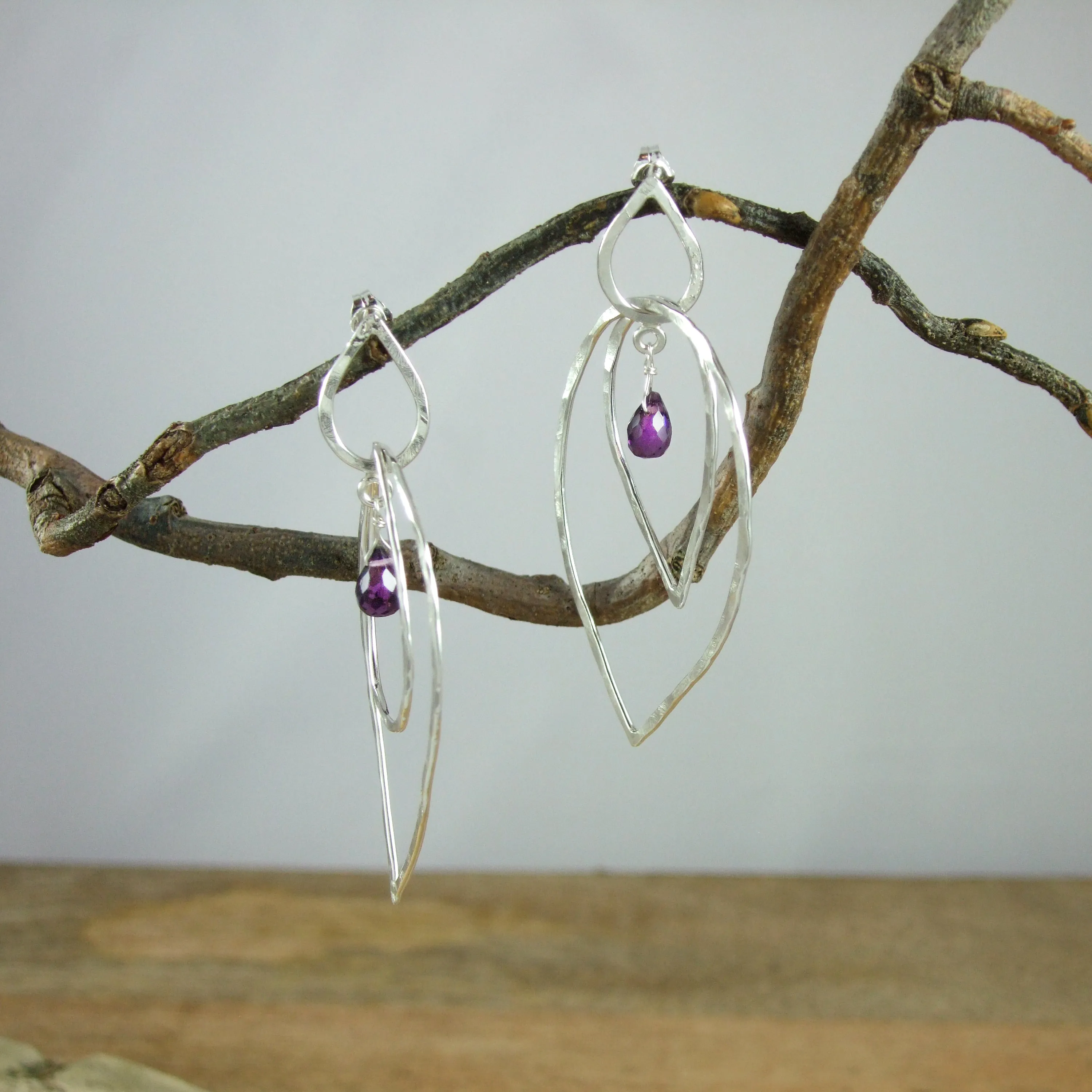 Entwined Large triple Teardrop Sterling Silver Earrings With Color Briolette Gemstones