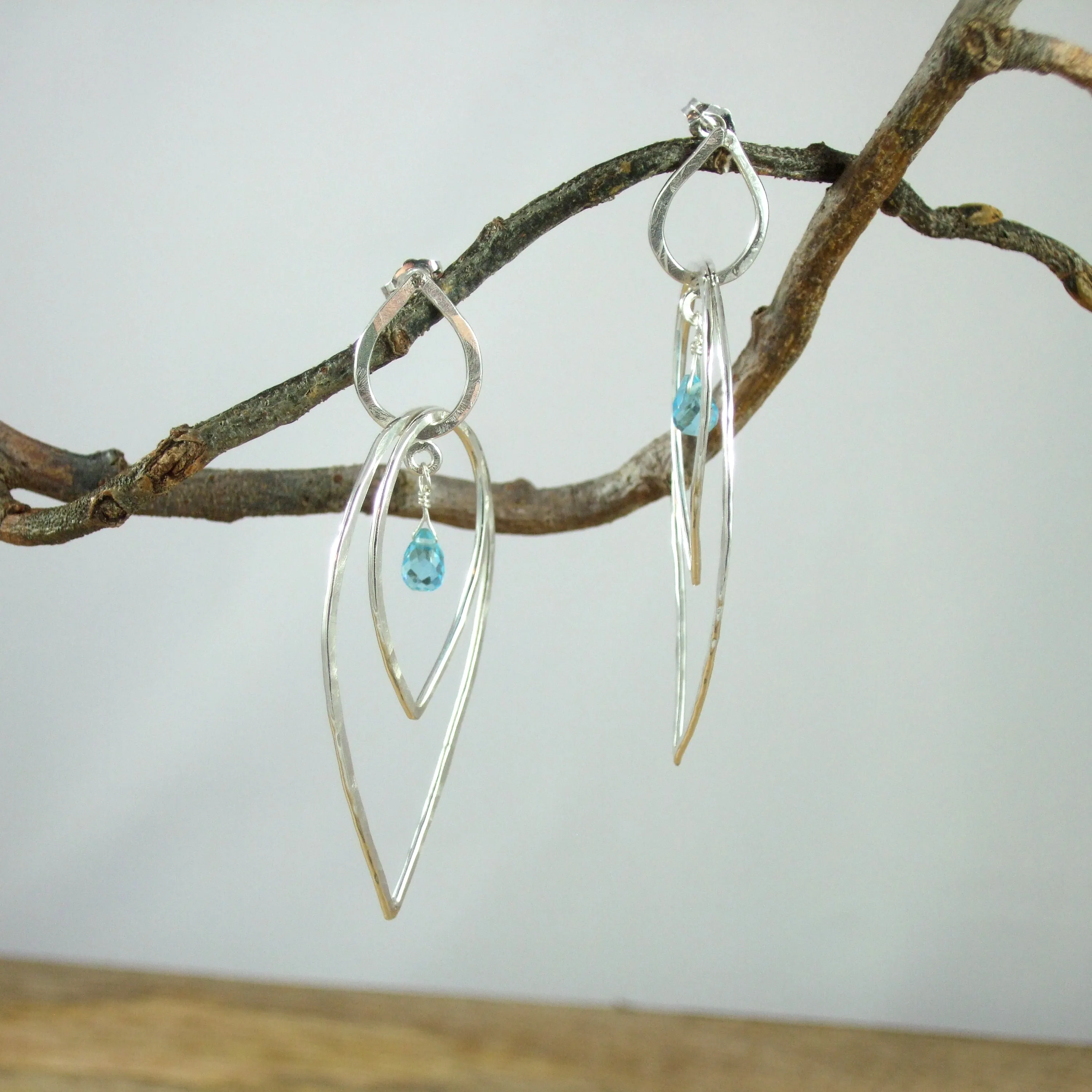 Entwined Large triple Teardrop Sterling Silver Earrings With Color Briolette Gemstones