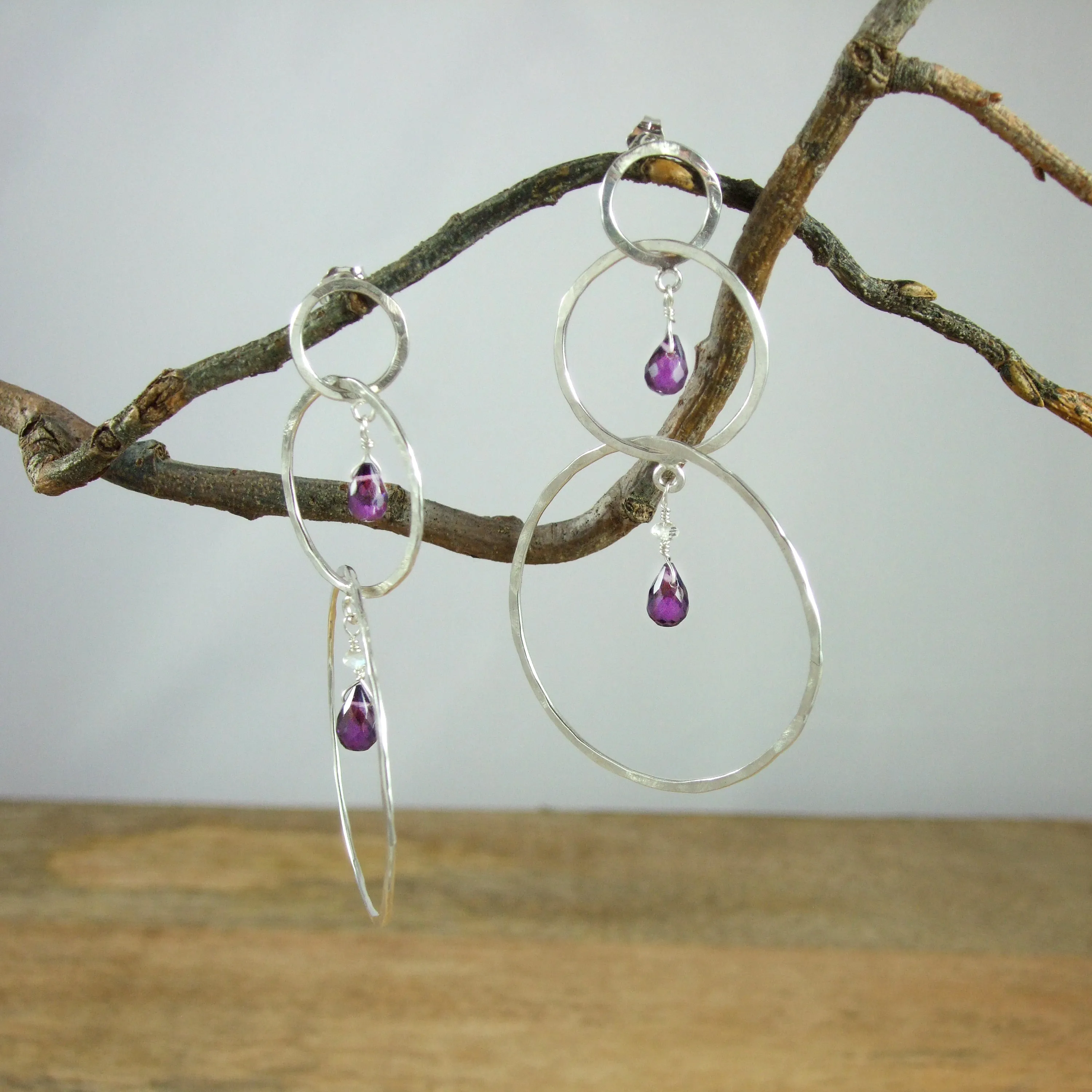Entwined Long triple Circle Sterling Silver Earrings With Color Briolette Gemstones