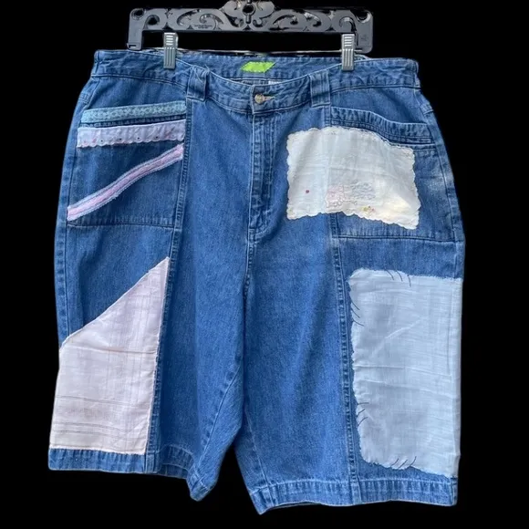 ERIKA KELLY APPAREL Patchwork Vintage Hankies &amp; Lace Hand Sewn Denim Shorts