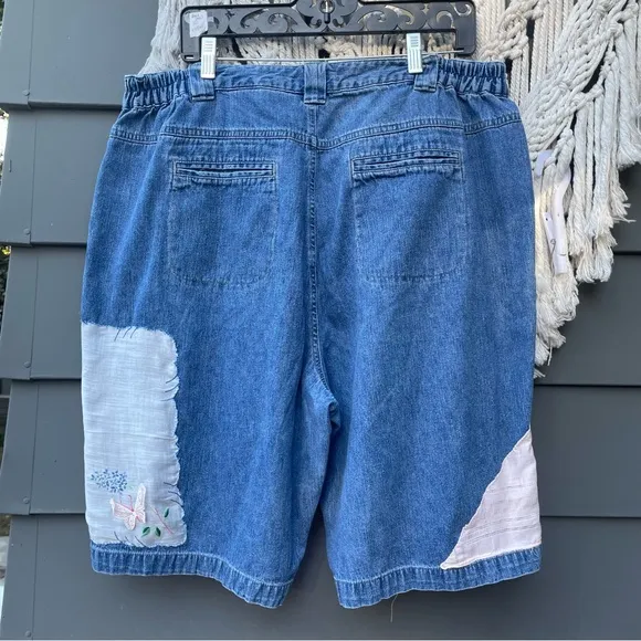 ERIKA KELLY APPAREL Patchwork Vintage Hankies &amp; Lace Hand Sewn Denim Shorts