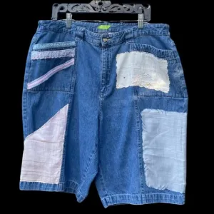 ERIKA KELLY APPAREL Patchwork Vintage Hankies &amp; Lace Hand Sewn Denim Shorts