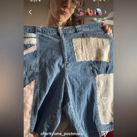 ERIKA KELLY APPAREL Patchwork Vintage Hankies &amp; Lace Hand Sewn Denim Shorts