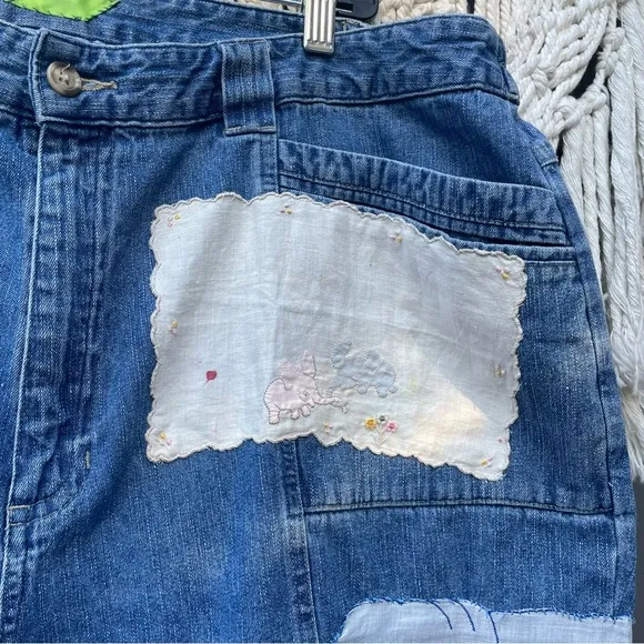 ERIKA KELLY APPAREL Patchwork Vintage Hankies &amp; Lace Hand Sewn Denim Shorts