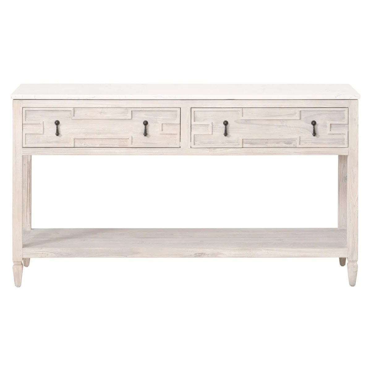 Essentials For Living Emerie 2-Drawer Console Table ~ White Wash Pine, White Quartz