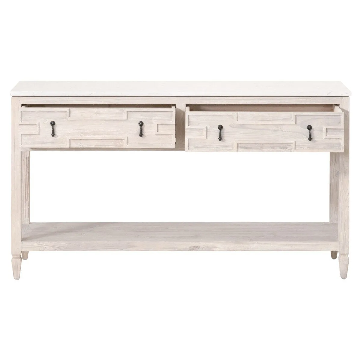 Essentials For Living Emerie 2-Drawer Console Table ~ White Wash Pine, White Quartz