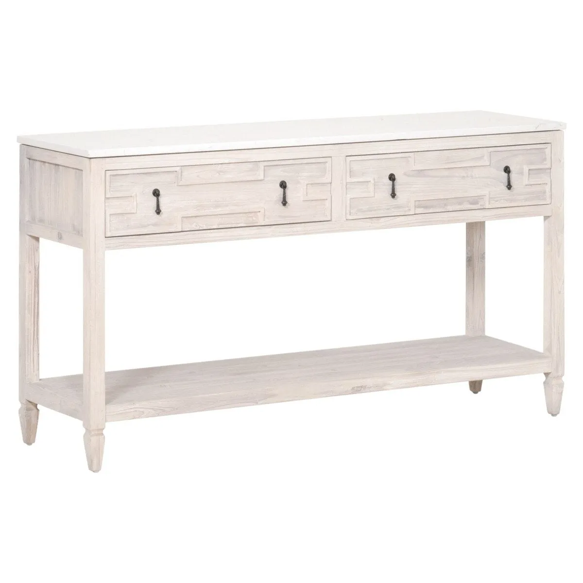 Essentials For Living Emerie 2-Drawer Console Table ~ White Wash Pine, White Quartz