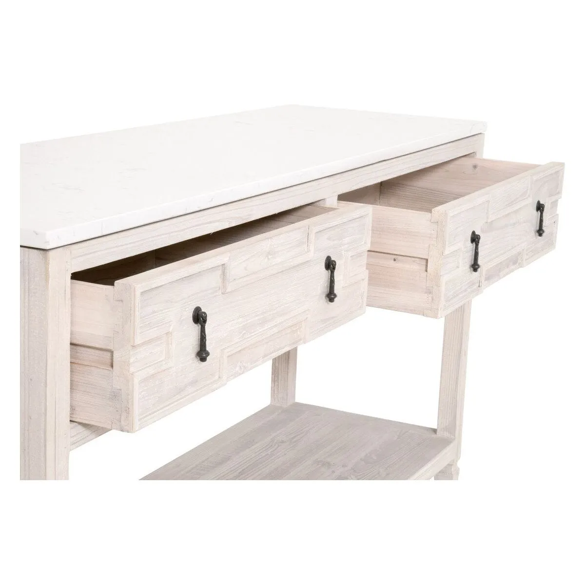 Essentials For Living Emerie 2-Drawer Console Table ~ White Wash Pine, White Quartz