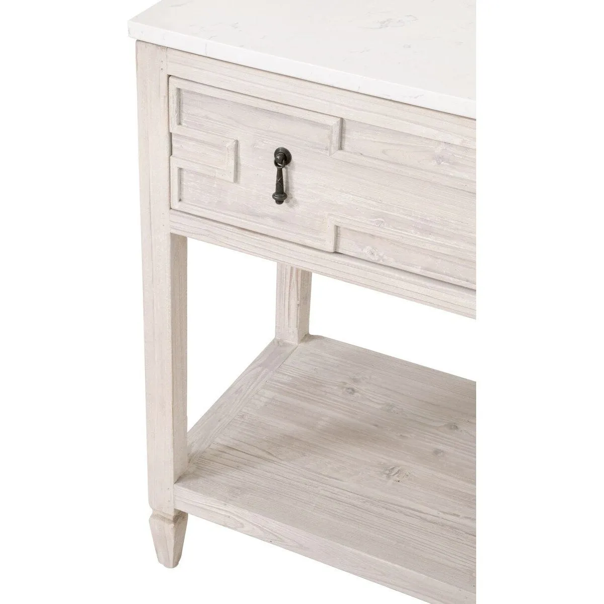 Essentials For Living Emerie 2-Drawer Console Table ~ White Wash Pine, White Quartz