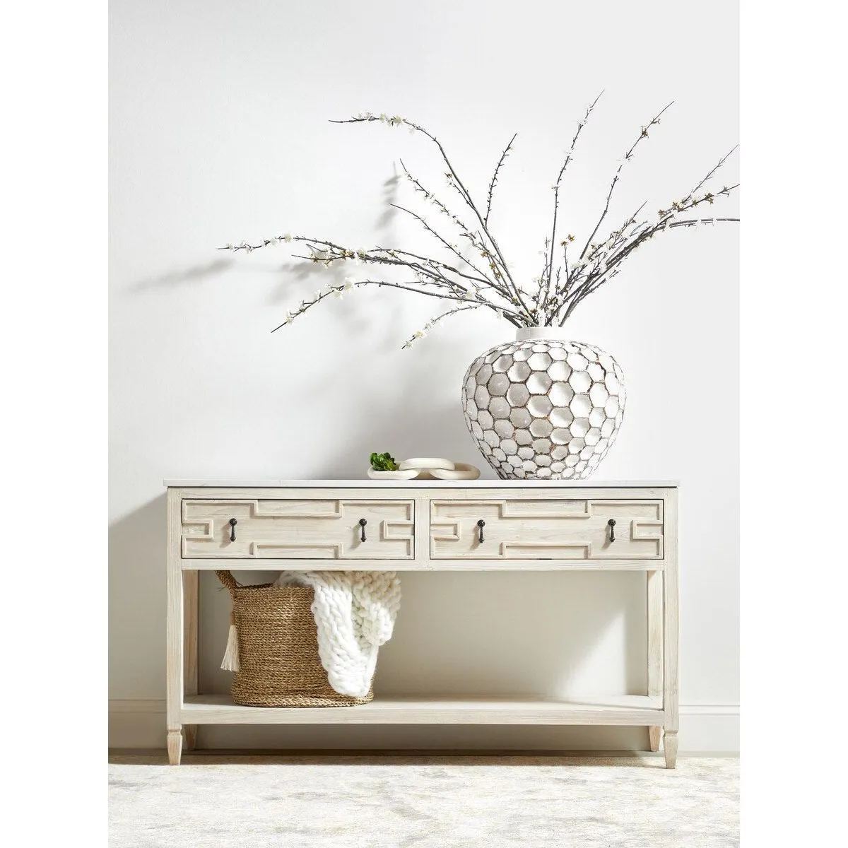 Essentials For Living Emerie 2-Drawer Console Table ~ White Wash Pine, White Quartz