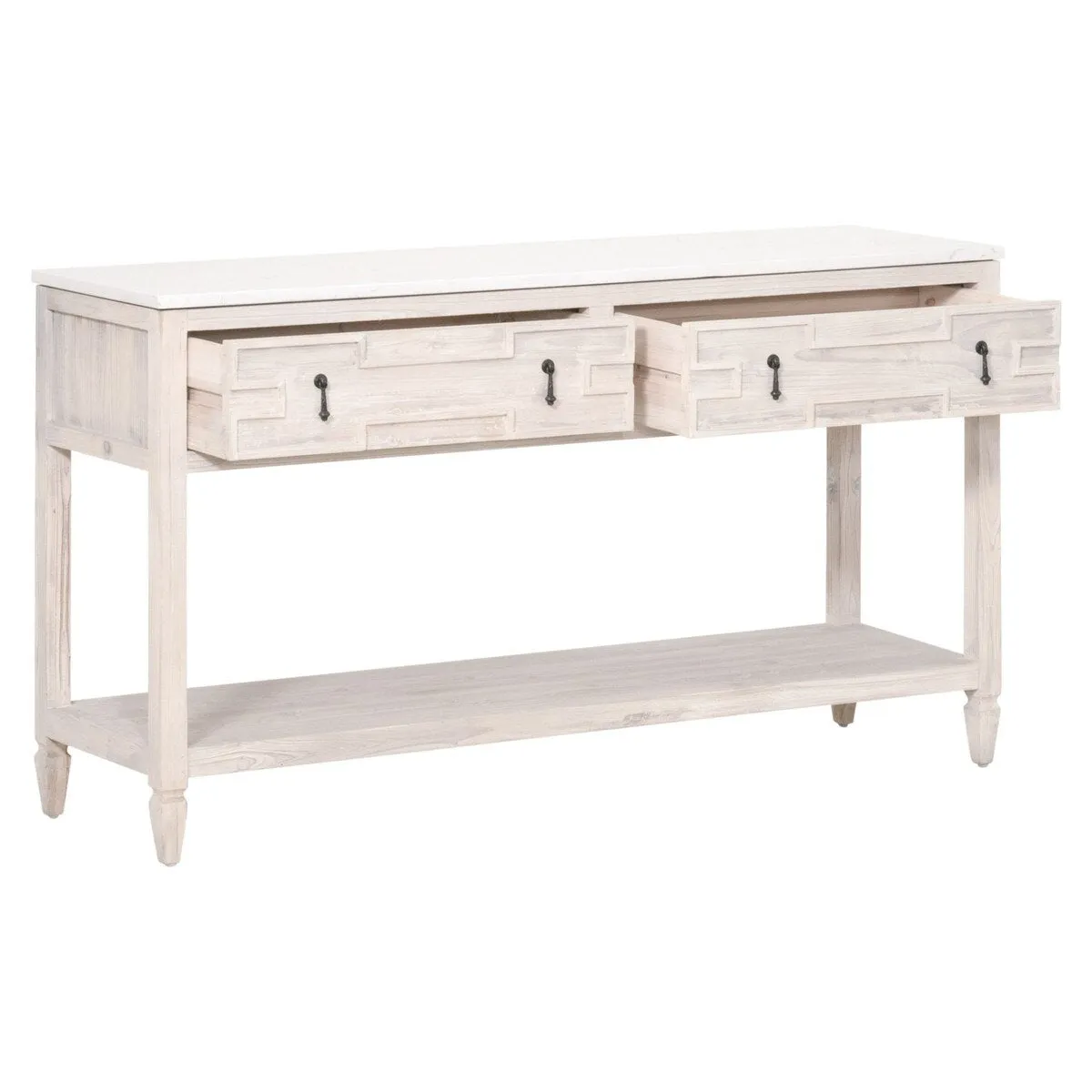 Essentials For Living Emerie 2-Drawer Console Table ~ White Wash Pine, White Quartz